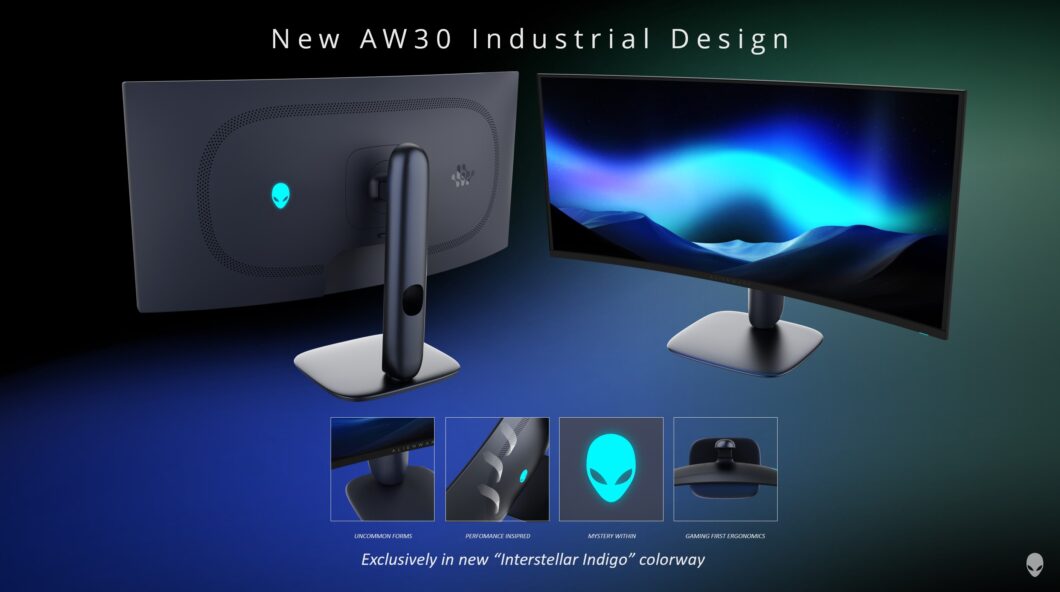 Imagem de um monitor curvo exibido de frente e de trás. A tela mostra uma paisagem digital com tons de azul e verde. A traseira do monitor tem um logotipo iluminado em azul e um suporte central com um recorte circular. A base é retangular com cantos arredondados. Na parte inferior da imagem, há quatro destaques mostrando detalhes do design: a borda inferior da tela com a marca Alienware, um padrão perfurado na traseira, o logotipo iluminado e a parte superior do suporte. O texto menciona a nova cor 'Interstellar Indigo'.