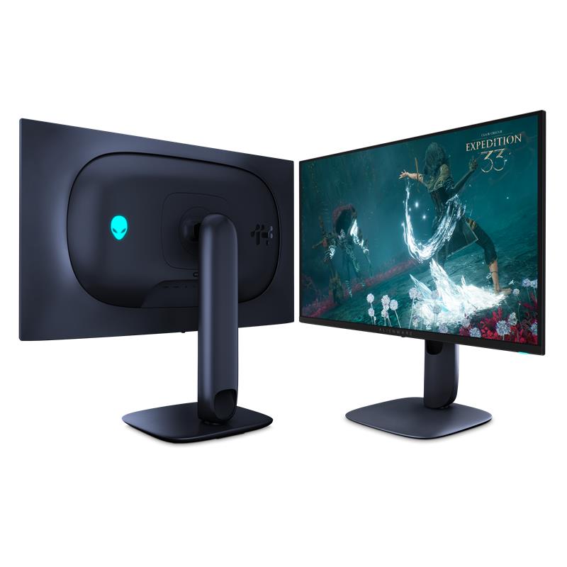 Dois monitores Alienware, um exibindo a parte traseira com logotipo iluminado e suporte central, e outro mostrando a parte frontal com uma cena de jogo na tela.