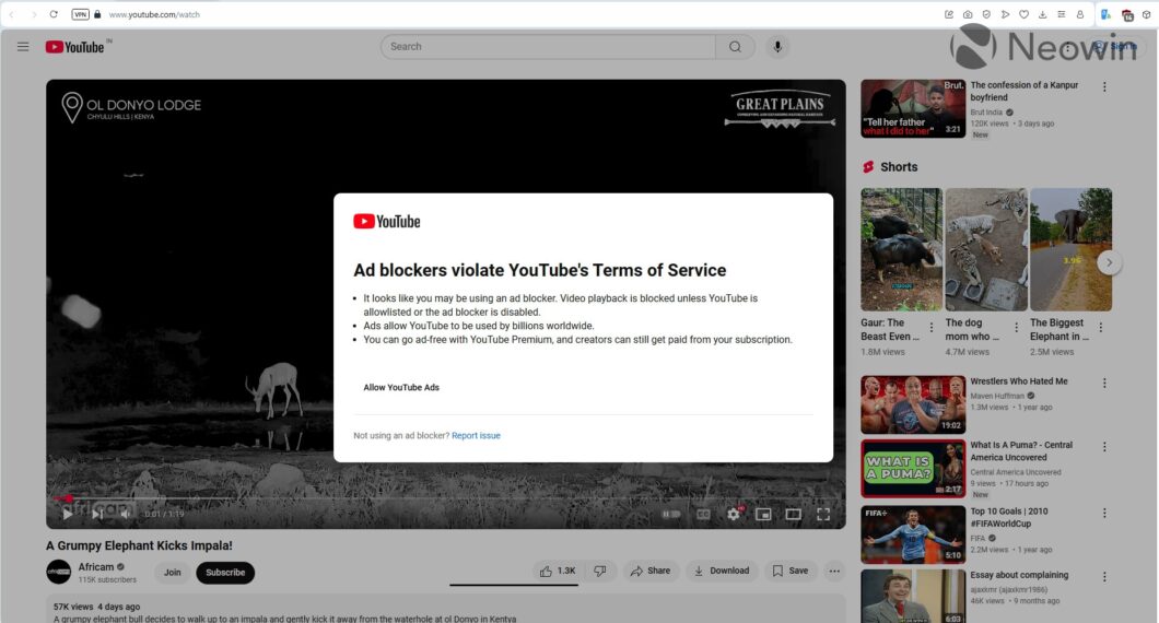 Captura de tela que mostra o YouTube barrando um bloqueador de anúncios