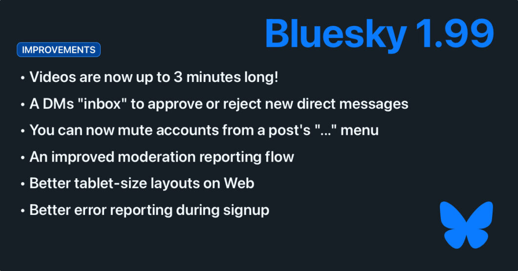 Lista de novidades da nova atualização do Bluesky (imagem: divulgação)