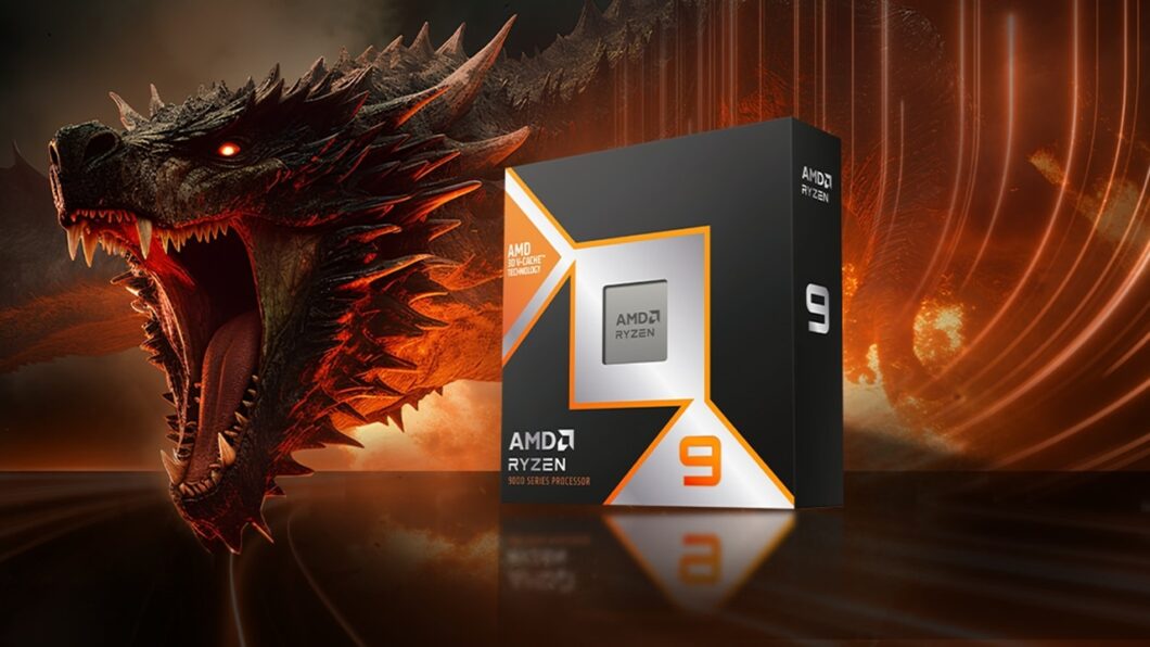 Chip da série Ryzen 9 9000 com um dragão aparecendo por trás