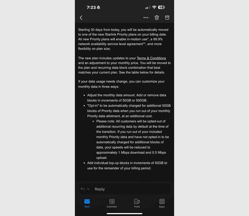 E-mail da Starlink comunicando sobre a mudança nos planos prioritários