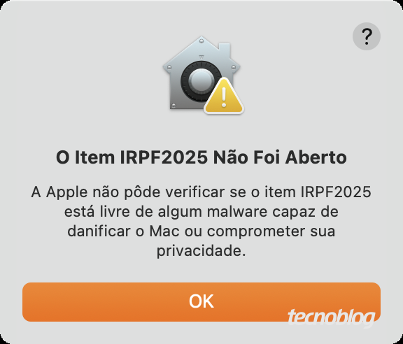 O sistema exibe um aviso informando que a Apple não pôde verificar se o aplicativo IRPF2025 está livre de malware. Isso impede a instalação direta no Mac.