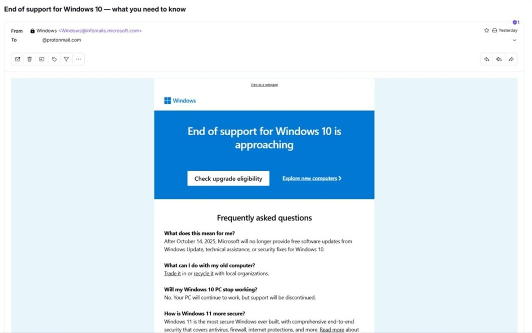 E-mail da Microsoft sobre o fim do suporte ao Windows 10