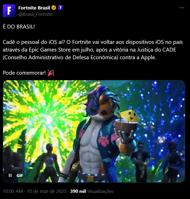 Tweet da conta do Fortnite no Brasil informa que jogo será liberada para o iOS em julho (imagem: reprodução)