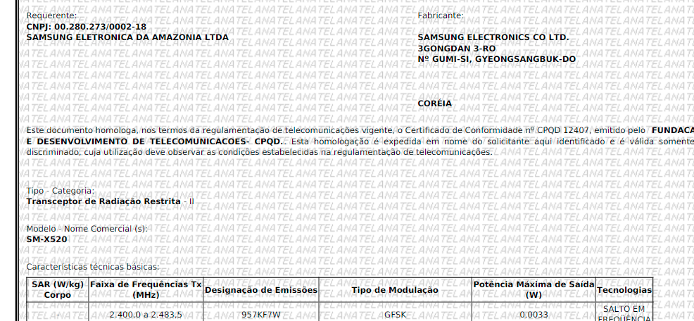 Documento de certificação do Galaxy Tab S10 FE na Anatel (imagem: reprodução)