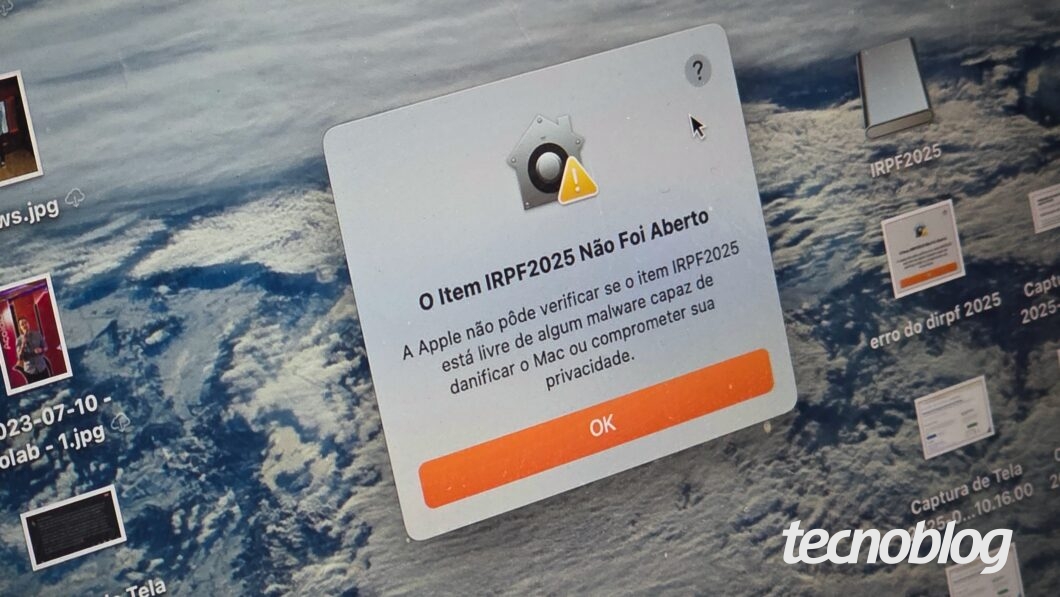 O sistema exibe um aviso informando que a Apple não pôde verificar se o aplicativo IRPF2025 está livre de malware. Isso impede a instalação direta no Mac.