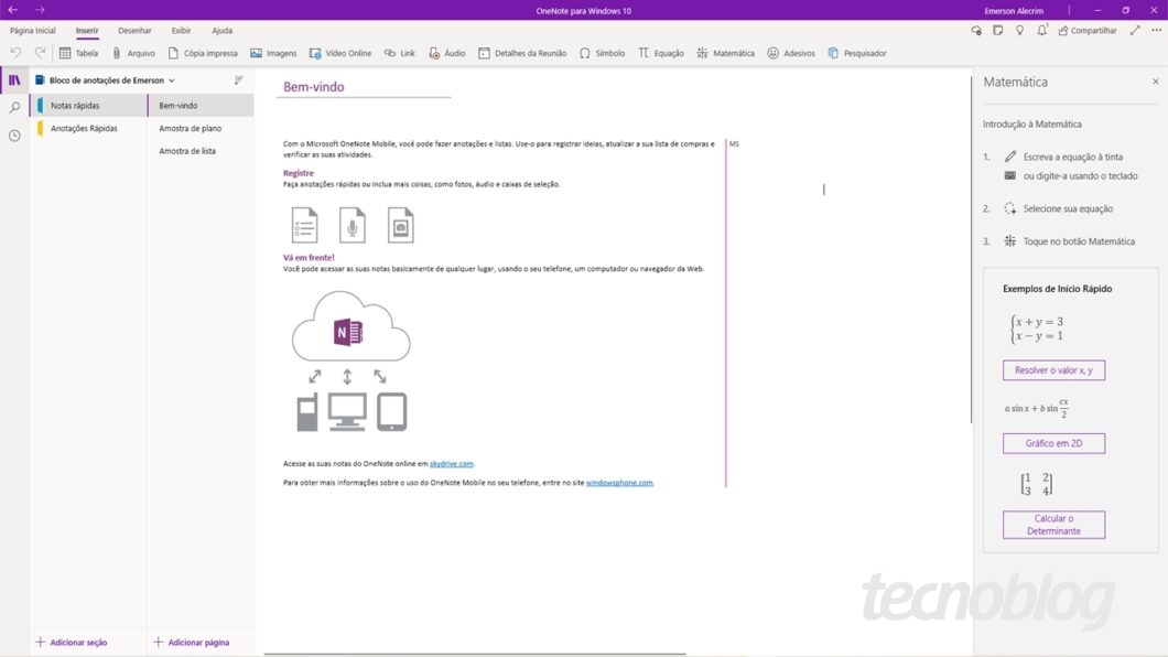 Captura de tela do OneNote para Windows 10