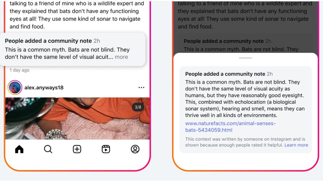 Imagem mostra as Notas da Comunidade em uma publicação no Instagram.