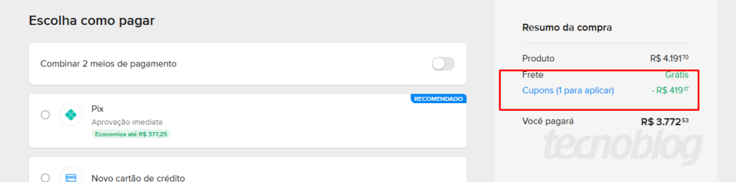 Cupom é aplicado ao clicar no botão "Cupons", localizado na parte direita da tela de escolha de pagamento (imagem: Felipe Freitas/Tecnoblog)