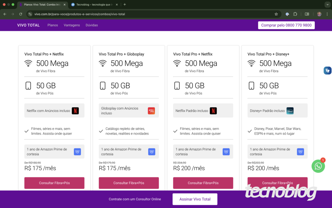 Tabela com os planos e preços do Vivo Total Pro combinado com Netflix, Globoplay e Disney+