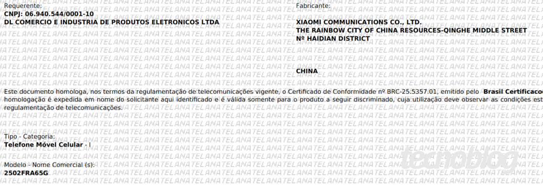 Imagem do documento de certificação do Redmi Note 14S na Anatel.