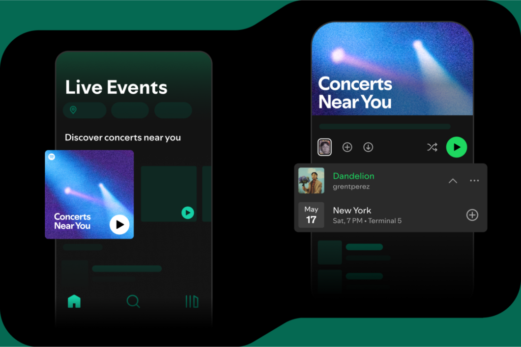 Alt text: Interface do Spotify exibindo um novo recurso chamado "Concerts Near You" ("Shows Perto de Você"), que permite descobrir eventos musicais ao vivo próximos. A imagem mostra duas telas do aplicativo: a primeira apresenta a seção "Live Events" com um cartão destacando o recurso, e a segunda exibe detalhes de um show do artista "grentperez" em Nova York no dia 17 de maio. O design é escuro, com elementos em verde e branco, seguindo a identidade visual do Spotify.