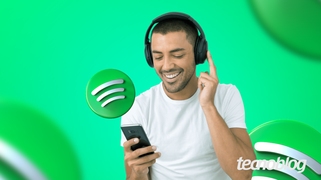 Imagem ilustrativa com pessoa usando fones de ouvido e segurando um celular. Ao fundo, logos do Spotify em diferentes tamanhos