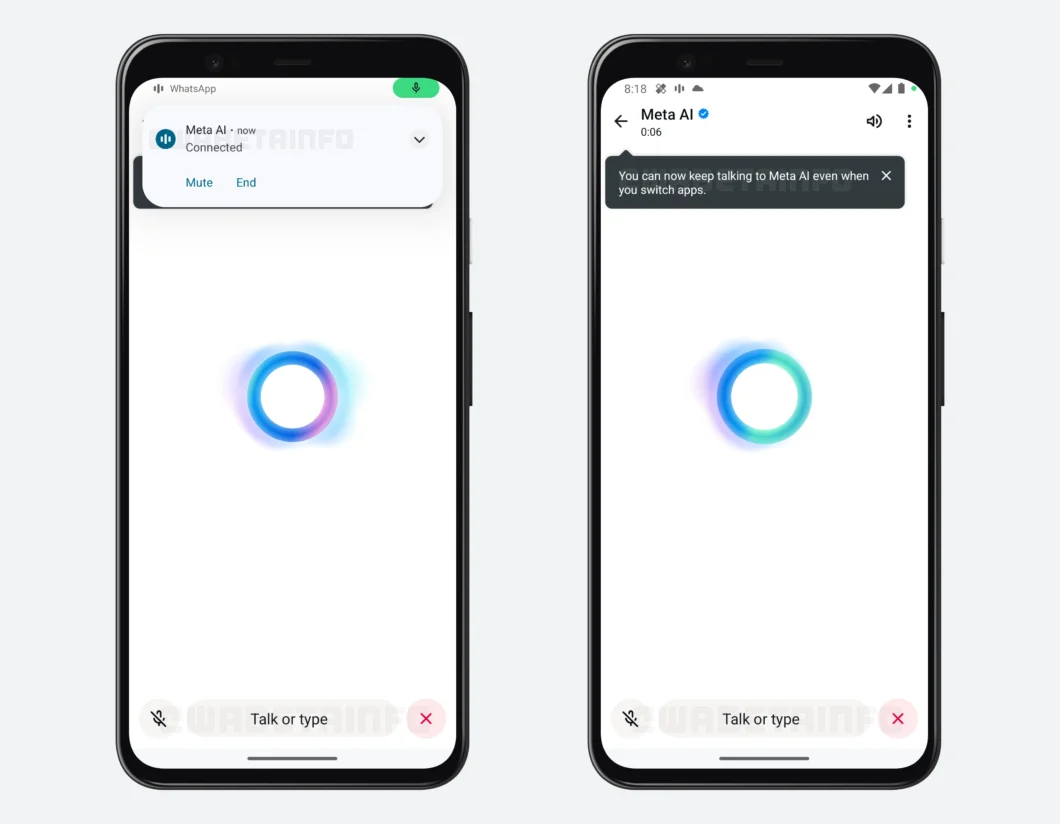 A imagem mostra duas capturas de tela de um smartphone com a interface do Meta AI em funcionamento dentro do WhatsApp. Na tela esquerda, há um pop-up indicando que o Meta AI está conectado, com opções para "Mutar" e "Encerrar". Na tela direita, há uma notificação informando que o usuário pode continuar falando com o Meta AI mesmo ao alternar entre aplicativos. Ambas as telas exibem um ícone circular azul e roxo no centro, sugerindo que a IA está ativa e ouvindo.