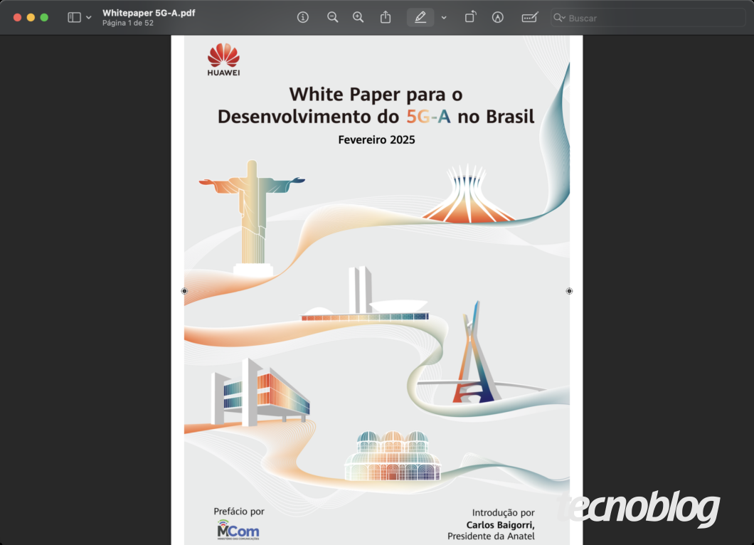 PDF de relatório com o título:
"White Paper para o
Desenvolvimento do 5G-A no Brasil - Fevereiro 2025"