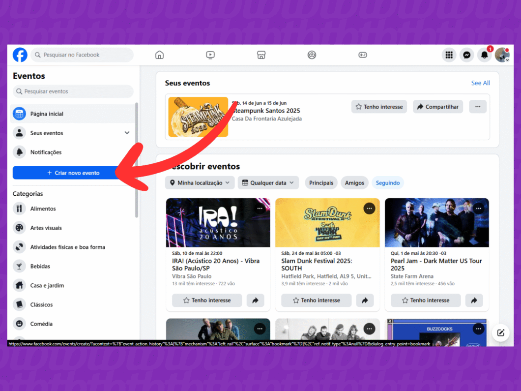 Acessando a ferramenta "Criar novo evento"