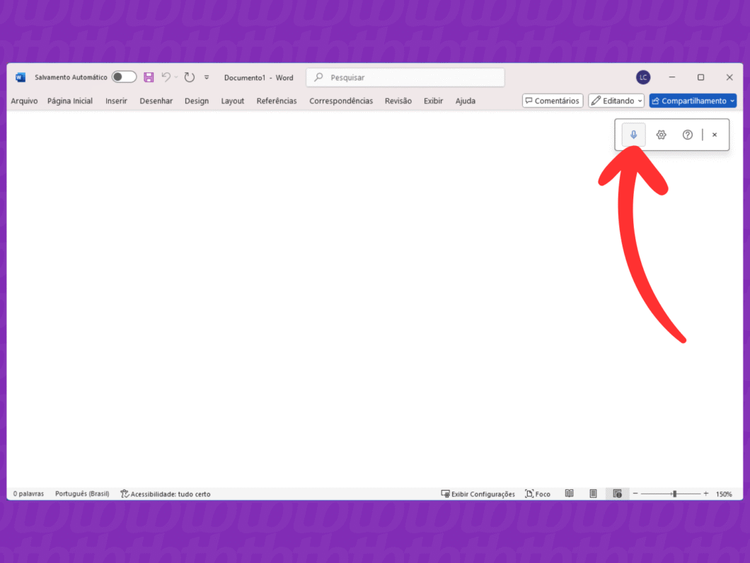 Ativando o microfone para a transcrição do Word