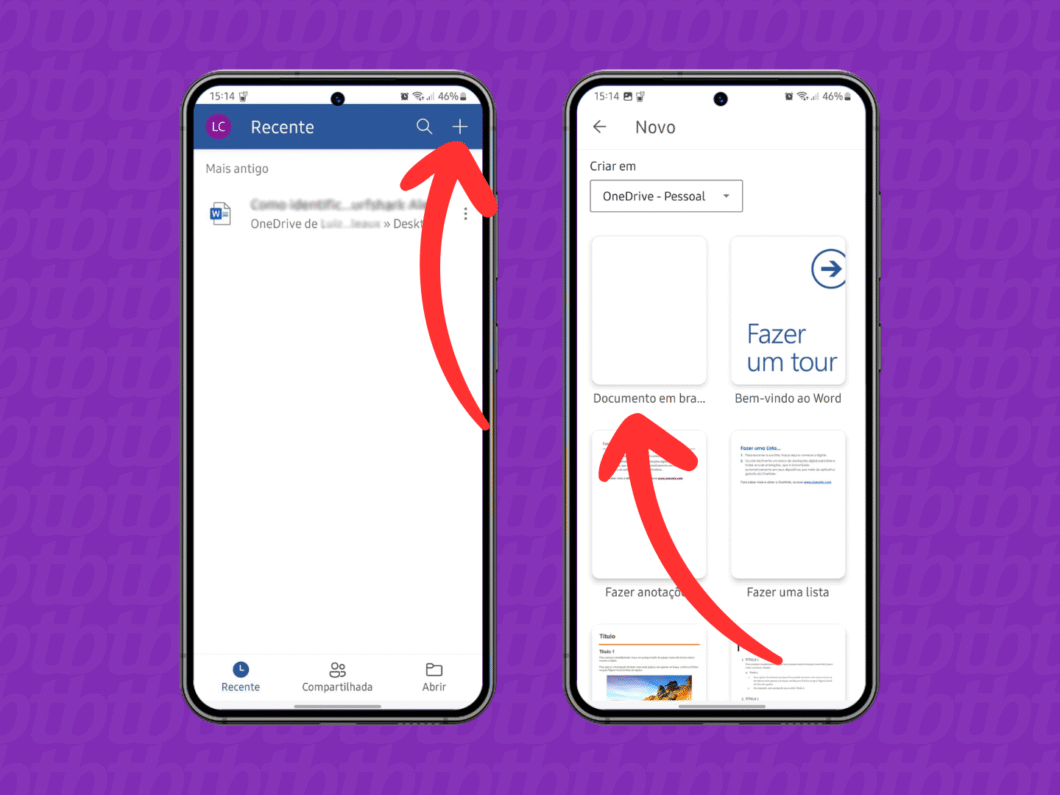 Abrindo um documento em branco no Word pelo celular