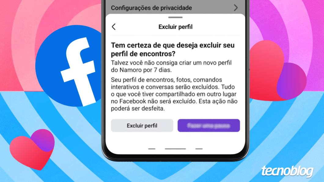 Ilustração da tela para excluir o perfil do Facebook Namoro
