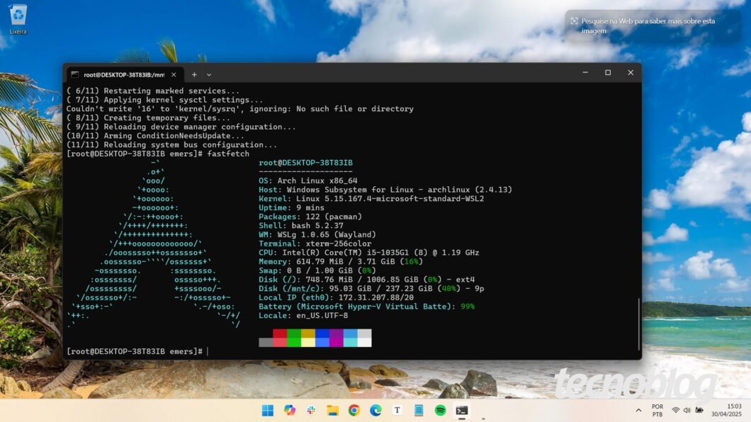 Janela do Arch Linux aberta no WSL para Windows 11