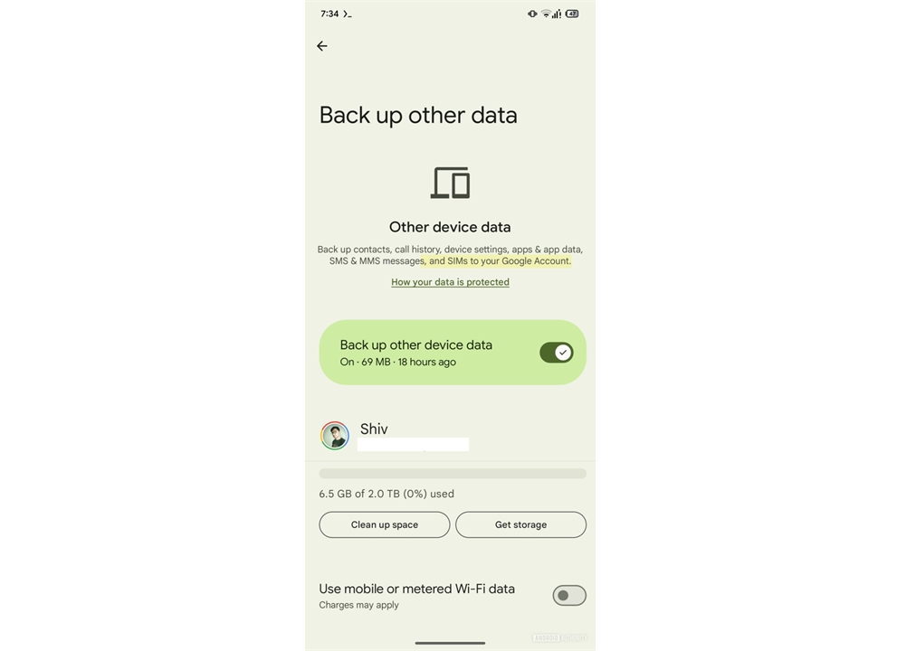 Nova tela de backup de dispositivo do Android