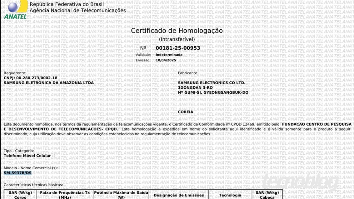 Documento que mostra o Galaxy S25 Edge (SM-S937B/DS) homologado pela Anatel