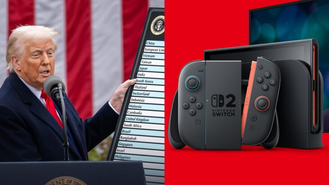 Montagem com duas imagens lado a lado. À esquerda, um homem de terno escuro e gravata vermelha fala ao microfone enquanto segura uma placa com uma lista de países, entre eles "China", "Brazil" e "Philippines". Ao fundo, uma bandeira dos Estados Unidos. À direita, um console Nintendo Switch em destaque sobre fundo vermelho.
