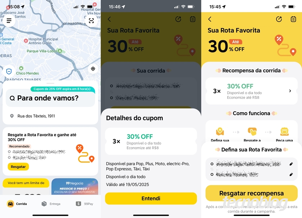 Rota Favorita no app da 99 para iPhone