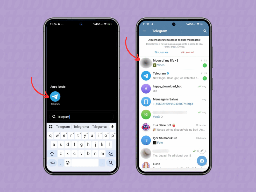Abrindo uma conversa do Telegram pelo celular