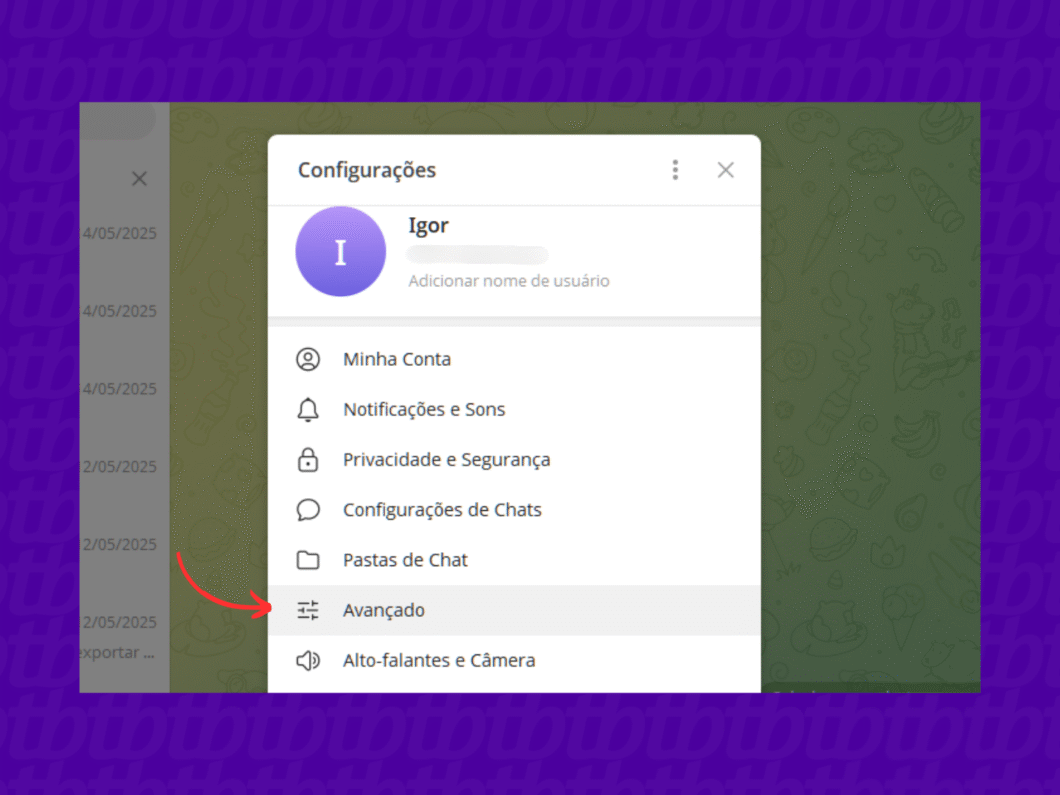 Acessando a guia "Avançado" do Telegram Desktop