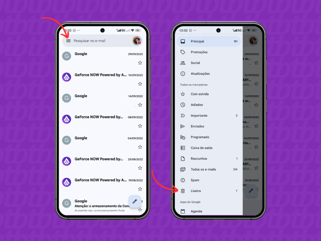 Acessando a lixeira do Gmail pelo celular