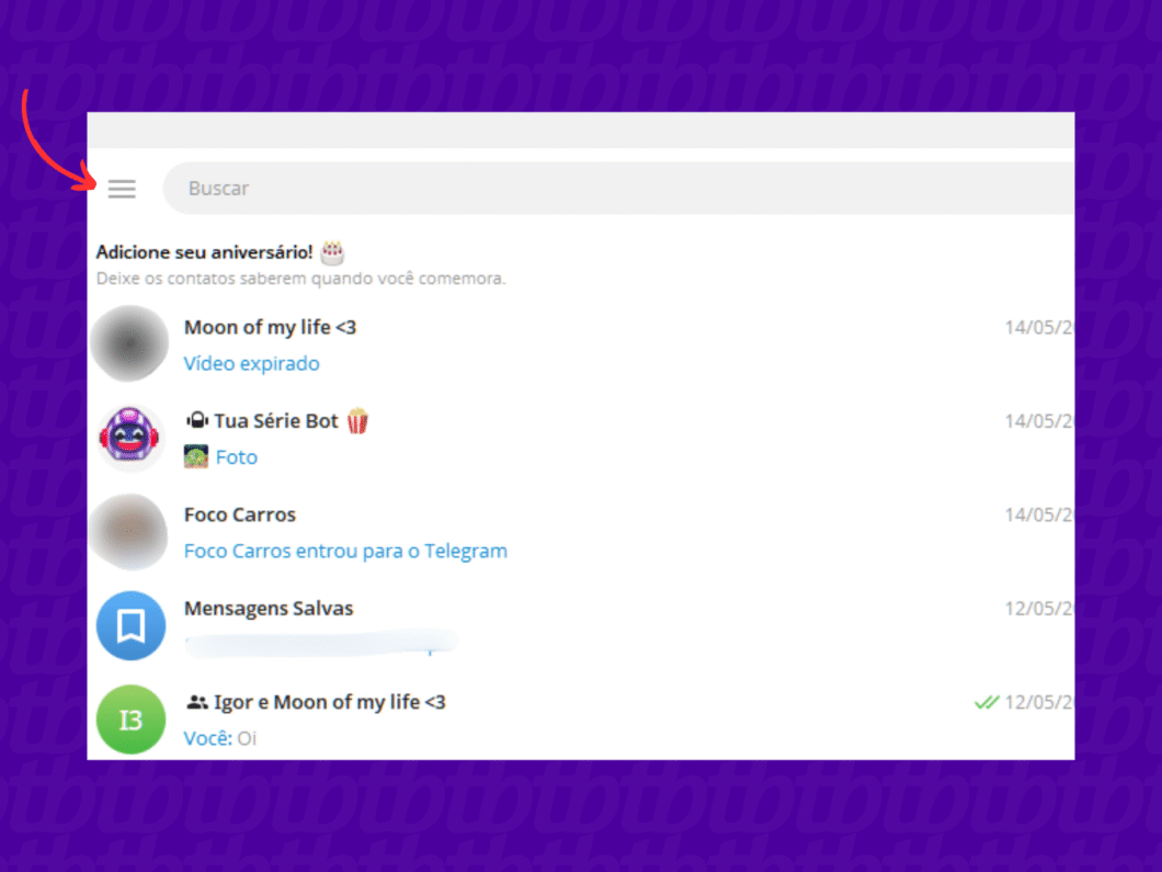 Acessando o menu do Telegram Desktop
