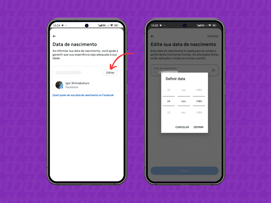 Alterando a data de nascimento na Central de Contas da Meta