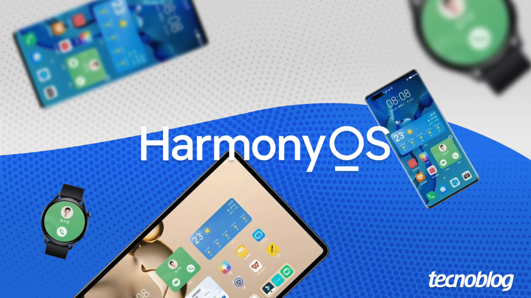 Tela com o logo do HarmonyOS e dispositivos da Huawei (smartphone, tablet e smartwatch) exibindo a interface do sistema operacional.