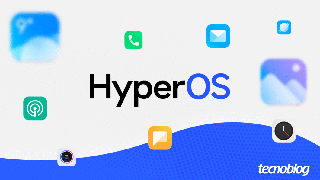 Ilustração com a palavra “HyperOS” ao centro, rodeada por ícones de apps em tons de azul e o logotipo do Tecnoblog no canto inferior direito.