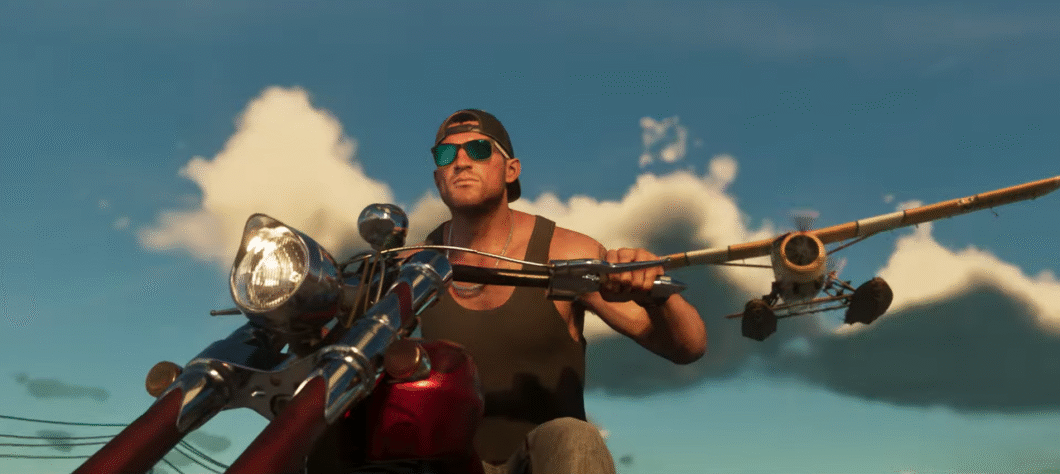 Imagem mostra um homem de óculos escuros e boné, pilotando uma motocicleta vermelha em direção à câmera. Ele é um personagem do jogo GTA 6. Ele veste uma regata preta. Ao fundo, um avião amarelo de hélice voa no céu azul com nuvens brancas. O foco está no motociclista e na frente da moto, com o avião ligeiramente desfocado.