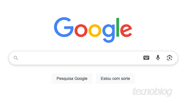 Captura de tela mostra interface principal do buscador Google. Abaixo do logotipo da empresa, está os botões "Pesquisa Google" e "Estou com sorte"