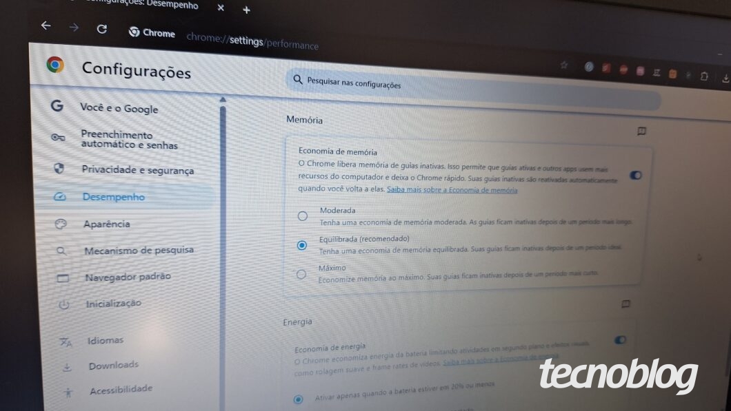 Imagem da tela de configurações de economia de memória do Google Chrome