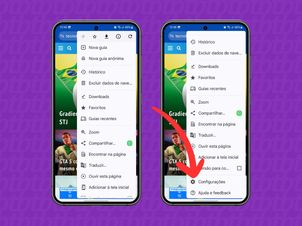 Selecionando a opção "Configurações"