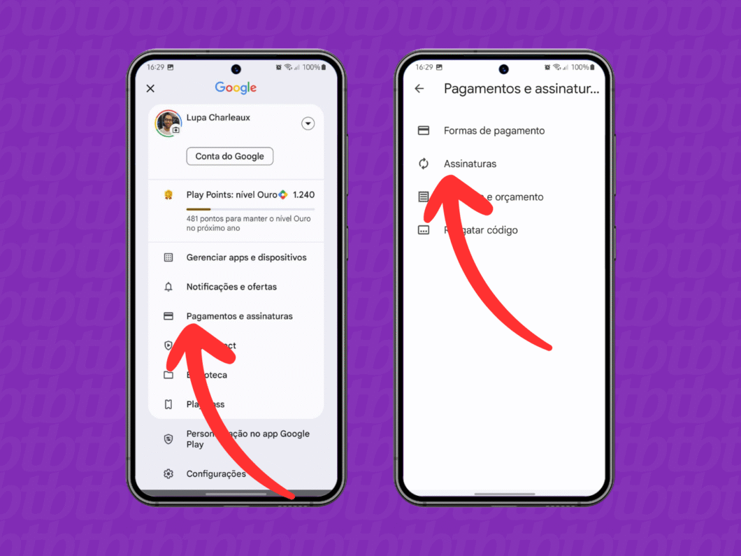 Selecionando as opções "Pagamentos e assinaturas" e "Assinaturas" na Play Store