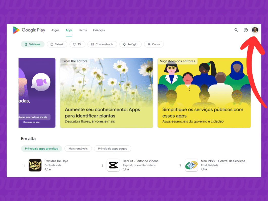 Acessando as opções da Play Store no PC