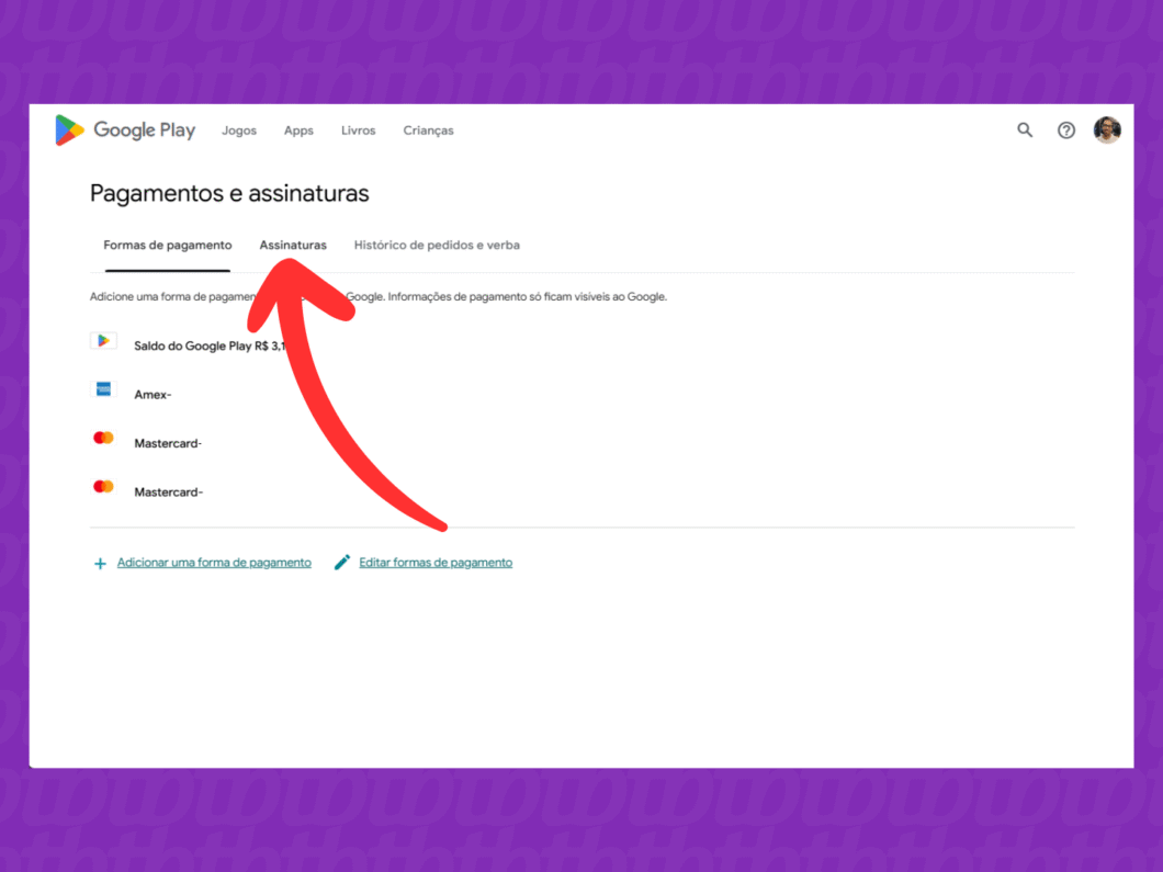 Selecionando a aba "Assinaturas"