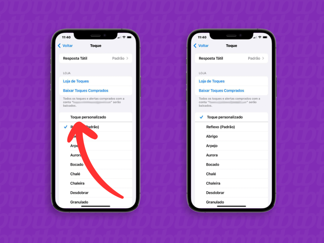 Selecionando o Toque Personalizado no iPhone