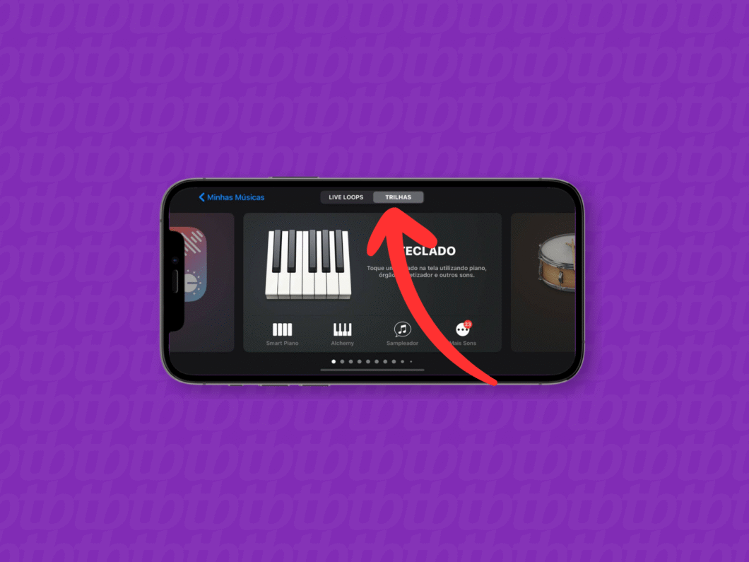 Selecionando o recurso "Trilhas" no GarageBand