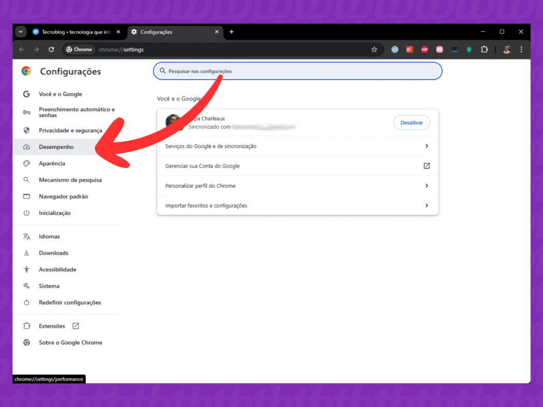 Selecionando a guia "Desempenho" do Chrome