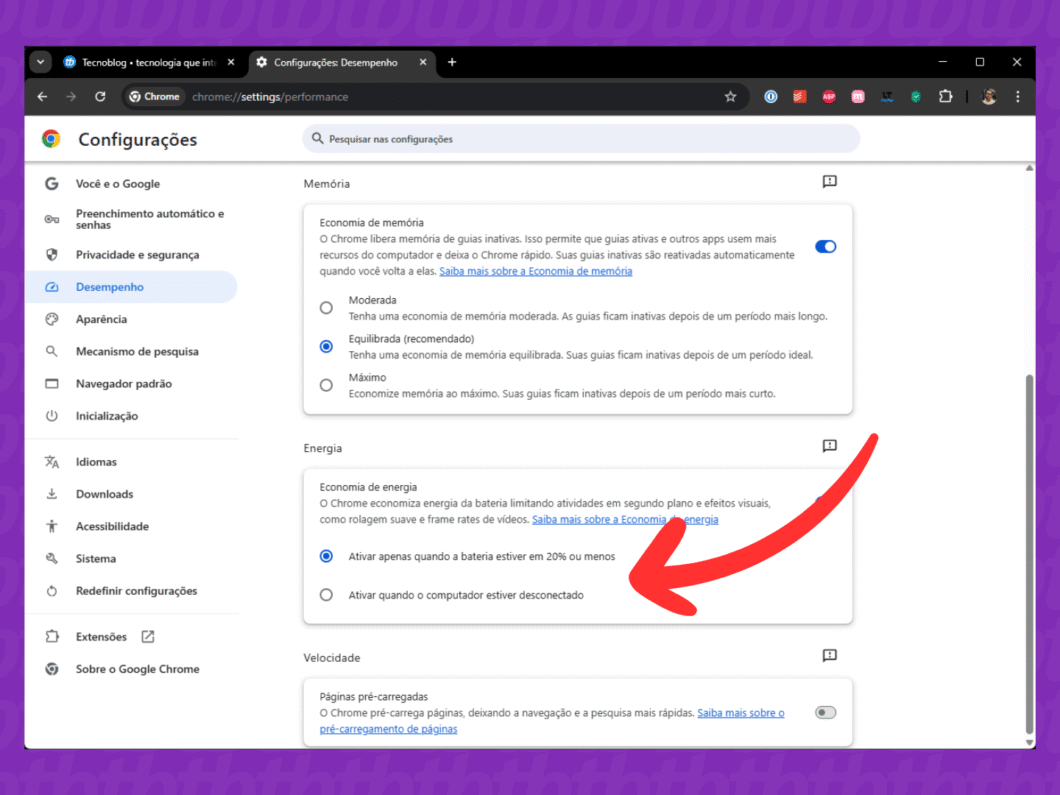 Marcando a opção de economia de energia do Chrome