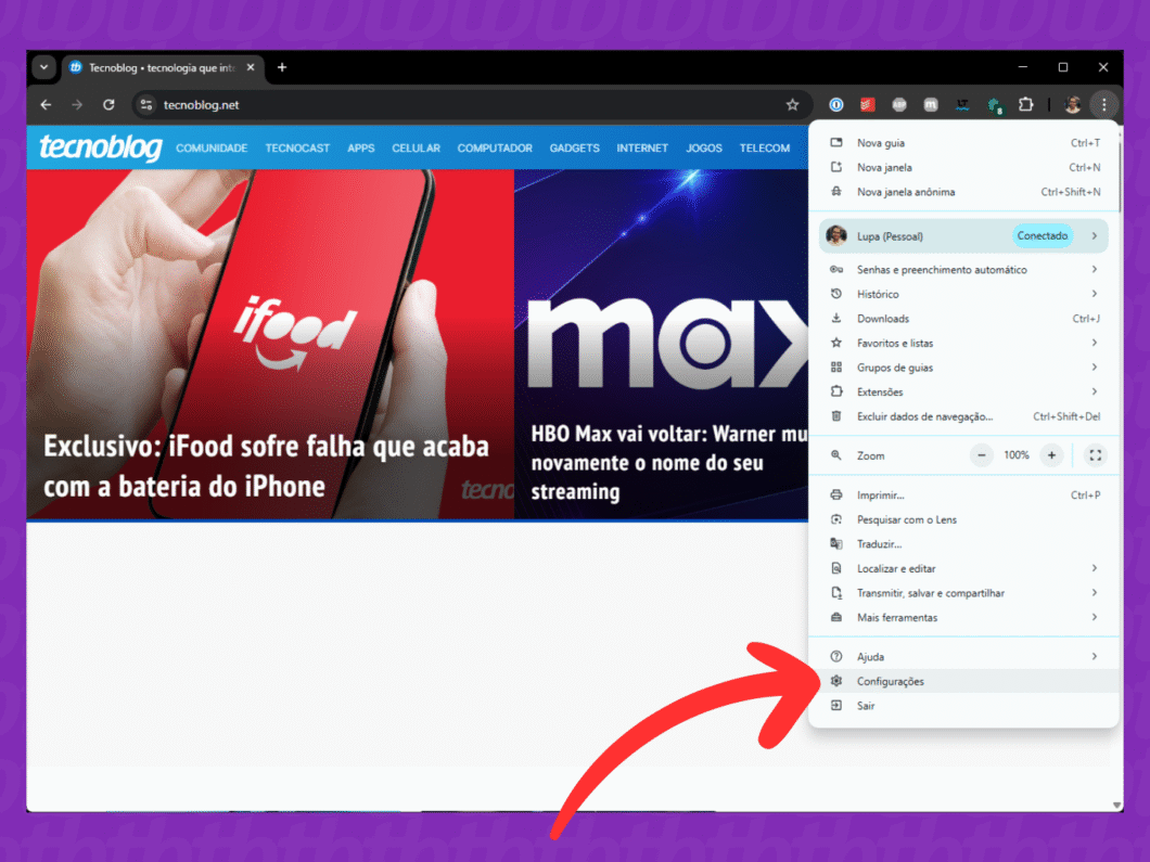 Abrindo a opção "Configurações"