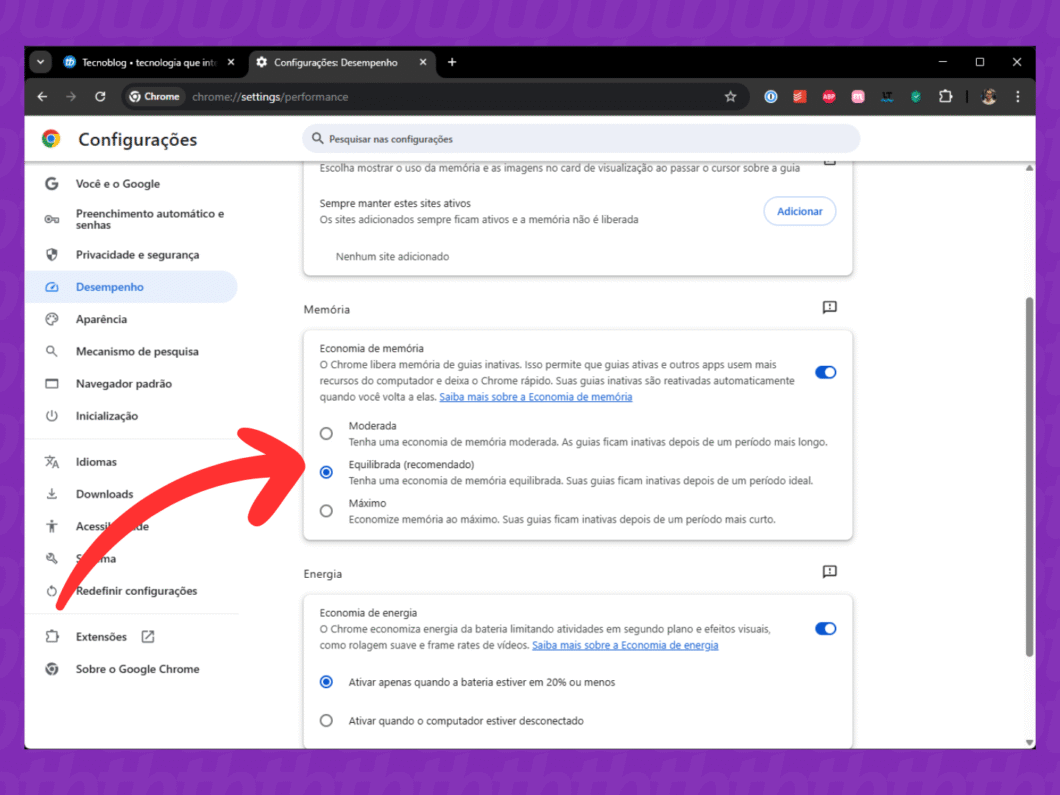 Definindo a opção de economia de RAM do Google Chrome