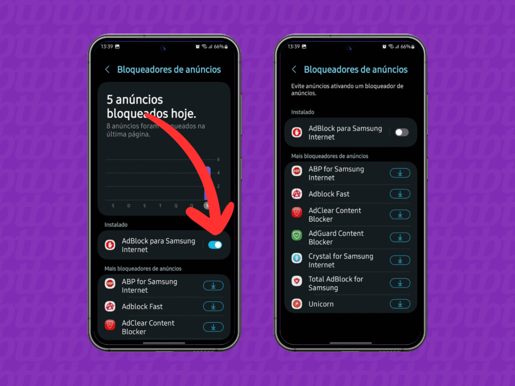 Desativando o Adblock no Samsung Internet
